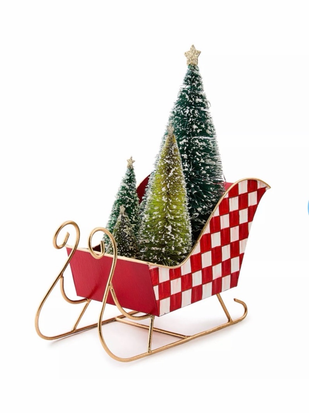 MacKenzie Childs Red Check Sleigh w Brush Trees Christmas Holiday Festive NWT